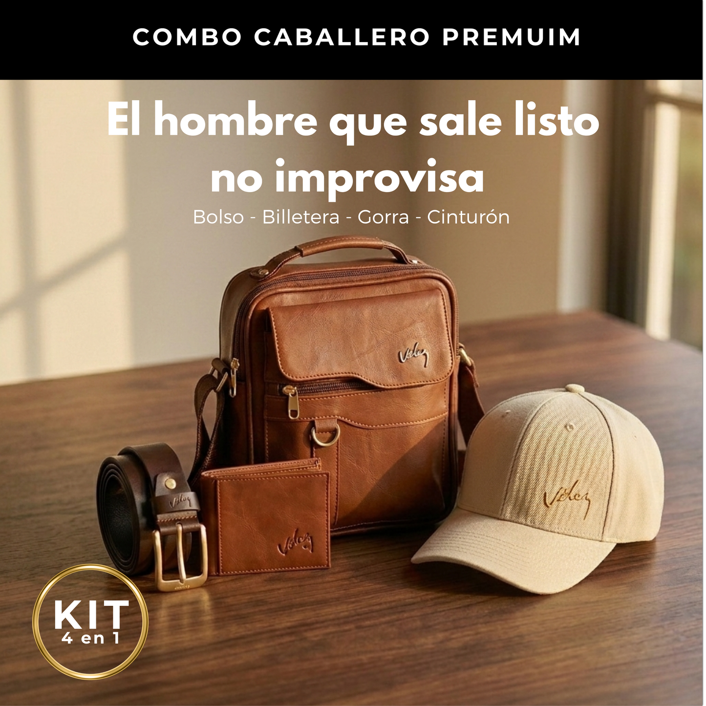 Combo Caballero Premium — Bolso Crossbody + Gorra + Cinturón + Billetera